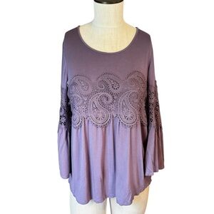 Spence Y2K Boho Paisley Lace Bell Sleeve Lilac Purple Lightweight Flowy Top Sz M